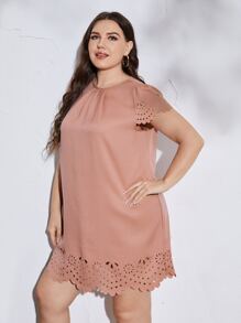 SHEIN Clasi Plus Scallop Trim Laser Cut Tunic Dress - Dusty Pink - View 5