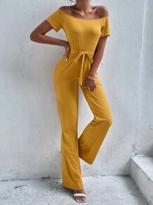 Off Shoulder Belted Rib-knit Wide Leg Jumpsuit - Mustard Yellow - View 1
