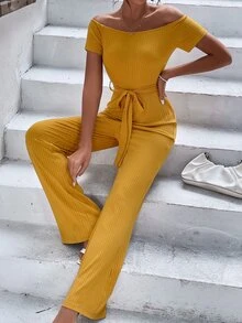 Off Shoulder Belted Rib-knit Wide Leg Jumpsuit - Mustard Yellow - View 4