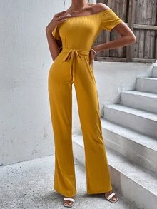 Off Shoulder Belted Rib-knit Wide Leg Jumpsuit - Mustard Yellow - View 5