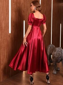 Modelyn Puff Sleeve Ruched Bust Fake Button Split Hem Satin Dress - Red - View 2