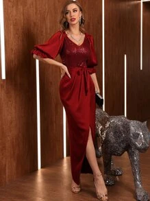 Modelyn Váy thắt lưng sequin tương phản tay bồng màu đỏ tía - Màu Đỏ Sâu - Xem 1