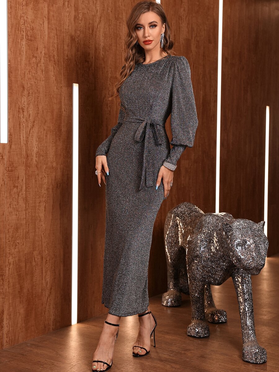 Modelyn 燈籠袖腰帶亮片連衣裙 - 銀色 - 查看 1