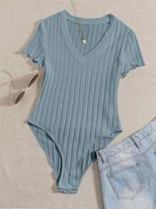 Comfortcana Plus Size Smoky Blue V-Neck Ribbed Fitted Bodysuit, Casual Short Sleeve - Dusty Blue - View 1