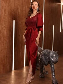 Modelyn Váy thắt lưng sequin tương phản tay bồng màu đỏ tía - Màu Đỏ Sâu - Xem 3