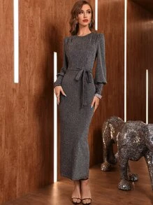 Modelyn 燈籠袖腰帶亮片連衣裙 - 銀色 - 查看 3