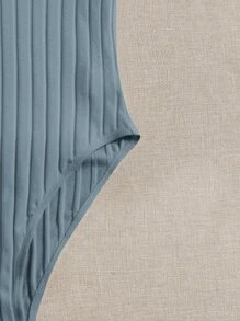 Comfortcana Plus Size Smoky Blue V-Neck Ribbed Fitted Bodysuit, Casual Short Sleeve - Dusty Blue - View 4