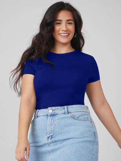 SHEIN BASICS Plus Size Casual Solid Color Short Sleeve T-Shirt, Summer