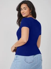 SHEIN BASICS Plus Size Casual Solid Color Short Sleeve T-Shirt, Summer - Royal Blue - View 2