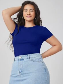SHEIN BASICS Plus Size Casual Solid Color Short Sleeve T-Shirt, Summer - Royal Blue - View 5