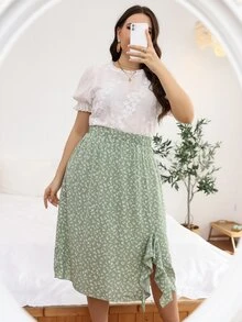 Váy Plus Size Xù Chia Họa tiết hoa Boho - Màu xanh Bạc hà - Xem 4