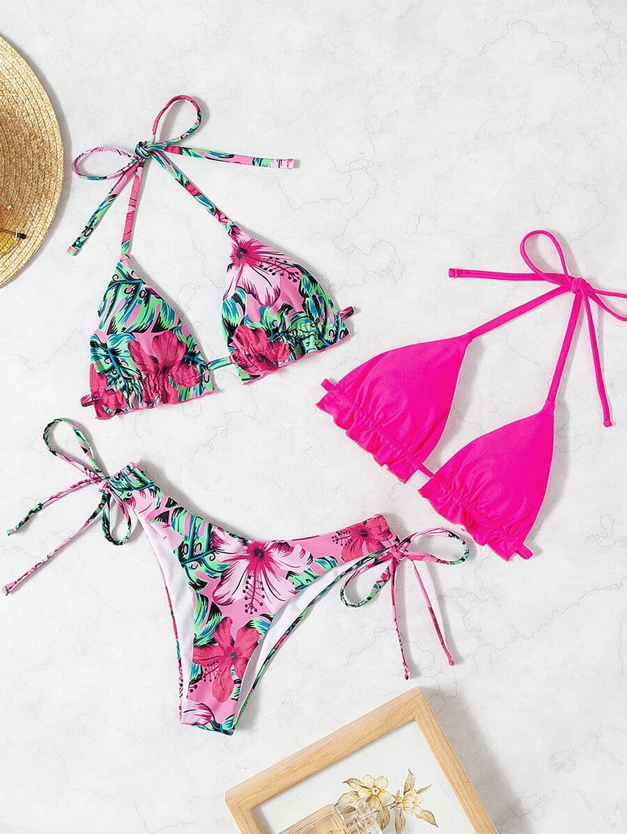 Swim Vcay 夏季沙灘三入組熱帶印花荷葉邊露背三角比基尼 - 玫紅色 - 查看 1