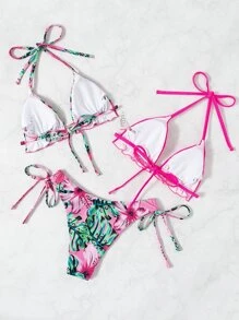 Swim Vcay 夏季沙灘三入組熱帶印花荷葉邊露背三角比基尼 - 玫紅色 - 查看 2
