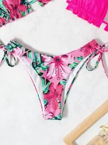 Swim Vcay 夏季沙灘三入組熱帶印花荷葉邊露背三角比基尼 - 玫紅色 - 查看 3