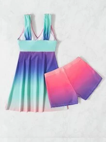 SHEIN Swim Conjunto de tankini en degradado con detalle de envolvente, vestido de baño y shorts ajustados de 2 piezas