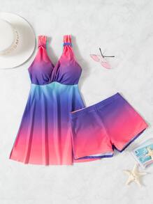 SHEIN Swim Conjunto de tankini en degradado con detalle de envolvente, vestido de baño y shorts ajustados de 2 piezas