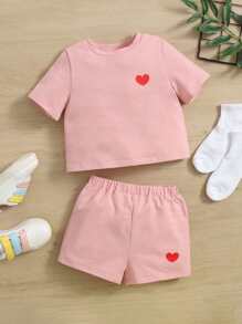 SHEIN Baby Heart Print Tee and Shorts Set - Baby Pink - View 1