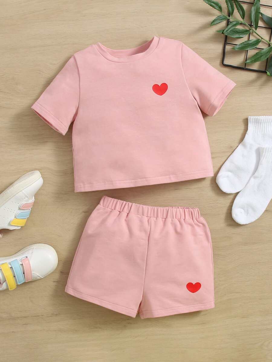SHEIN Baby Heart Print Tee and Shorts Set - Baby Pink - View 1