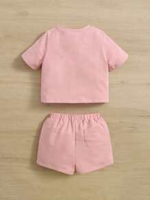 SHEIN Baby Heart Print Tee and Shorts Set - Baby Pink - View 2