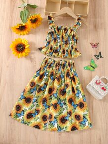 Toddler Girls Sunflower Print Shirred Lettuce Trim Cami Top & Split Hem Skirt - Multicolor - View 1