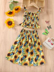 Toddler Girls Sunflower Print Shirred Lettuce Trim Cami Top & Split Hem Skirt - Multicolor - View 2