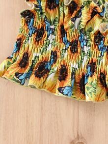 Toddler Girls Sunflower Print Shirred Lettuce Trim Cami Top & Split Hem Skirt - Multicolor - View 3