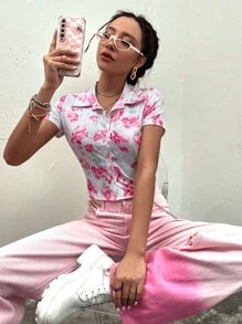 Áo thun nữ Nút phía trước Hoa Tất cả trên in Giải trí - trắng - Xem 5