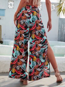 Pantalones Anchos Con Abertura En El Muslo Y Estampado Tropical - Multicolor - Ver 2