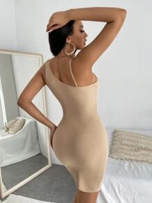 Two Tone 2 In 1 Bodycon Dress - Khaki - View 2