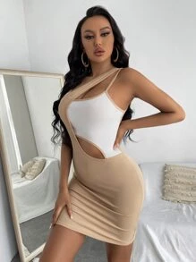 Two Tone 2 In 1 Bodycon Dress - Khaki - View 4