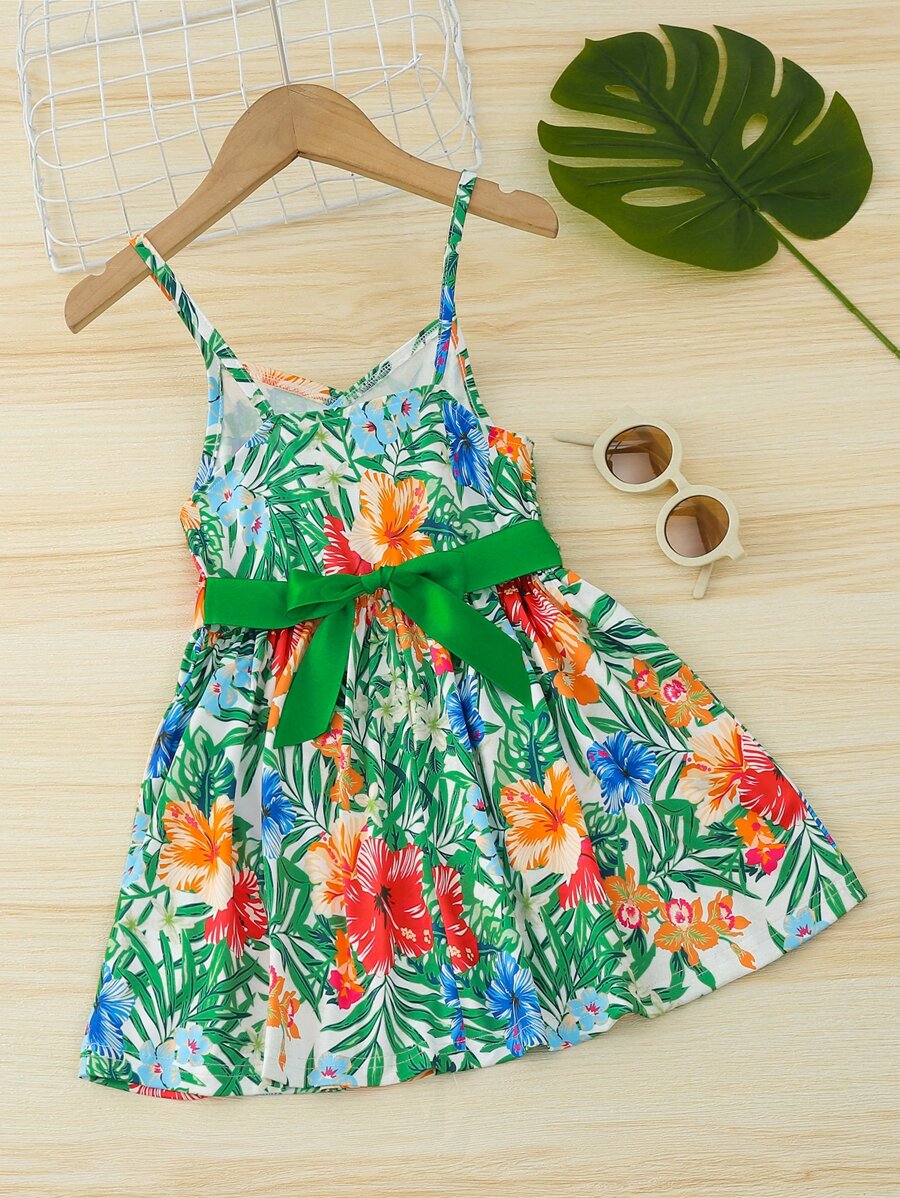 小女童熱帶圖案前繫帶吊帶洋裝 - 彩色 - 查看 1