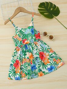 小女童熱帶圖案前繫帶吊帶洋裝 - 彩色 - 查看 2