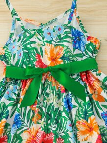 小女童熱帶圖案前繫帶吊帶洋裝 - 彩色 - 查看 4