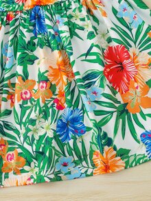 小女童熱帶圖案前繫帶吊帶洋裝 - 彩色 - 查看 5