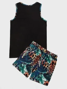 Manfinity 男士豹紋補丁貼口袋背心上衣和熱帶圖案腰部抽繩短褲 - 彩色 - 查看 2