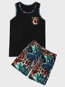 Manfinity 男士豹紋補丁貼口袋背心上衣和熱帶圖案腰部抽繩短褲 - 彩色 - 查看 5