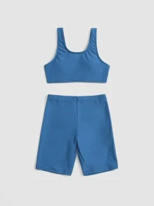 Tween Girl Solid Shorts Bikini Set Summer Beach - Blue - View 1