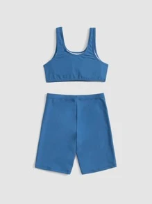 Tween Girl Solid Shorts Bikini Set Summer Beach - Blue - View 2