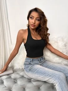 INAWLY Backless Ribbed Knit Halter Top