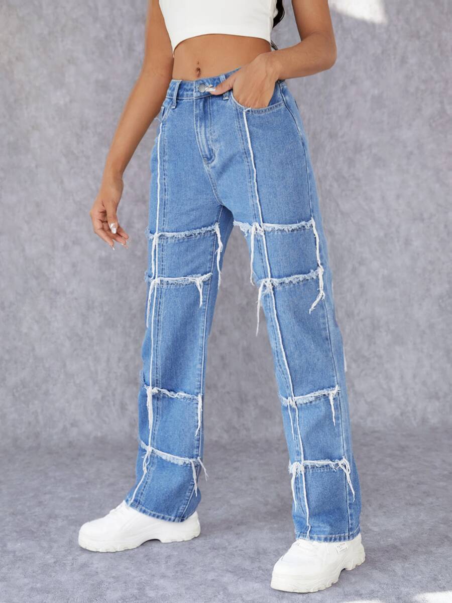 SHEIN Raw Trim Straight Leg Jeans - Light Wash - View 1