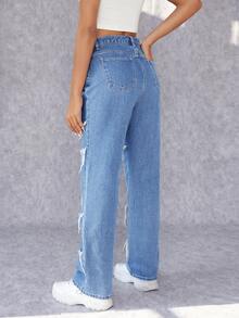 SHEIN Raw Trim Straight Leg Jeans - Light Wash - View 2
