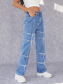 SHEIN Raw Trim Straight Leg Jeans - Light Wash - View 4