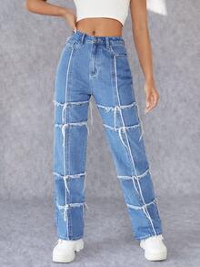 SHEIN Raw Trim Straight Leg Jeans - Light Wash - View 5