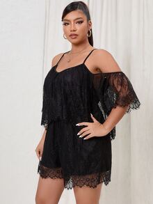 大碼挖肩睫毛蕾絲連身短褲 - 黑色 - 查看 1