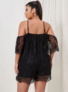 大碼挖肩睫毛蕾絲連身短褲 - 黑色 - 查看 2