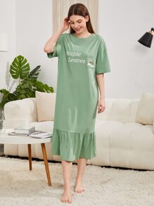 SHEIN Unity Vestido homewear con estampado de slogan y arcoíris bajo con fruncido - verde menta - Ver 5