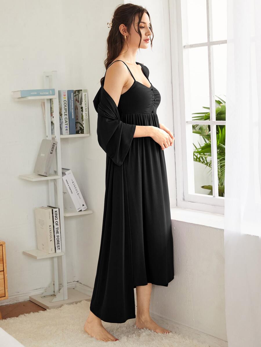 SHEIN Unity Conjunto de pijama Bata unicolor & Vestido de dormir de tirantes fruncido con botón falso