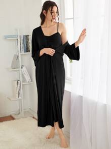 SHEIN Unity Conjunto de pijama Bata unicolor & Vestido de dormir de tirantes fruncido con botón falso