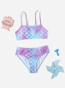 Young Girl Fish Scale Print Bikini Set Summer Beach - Purple - View 1