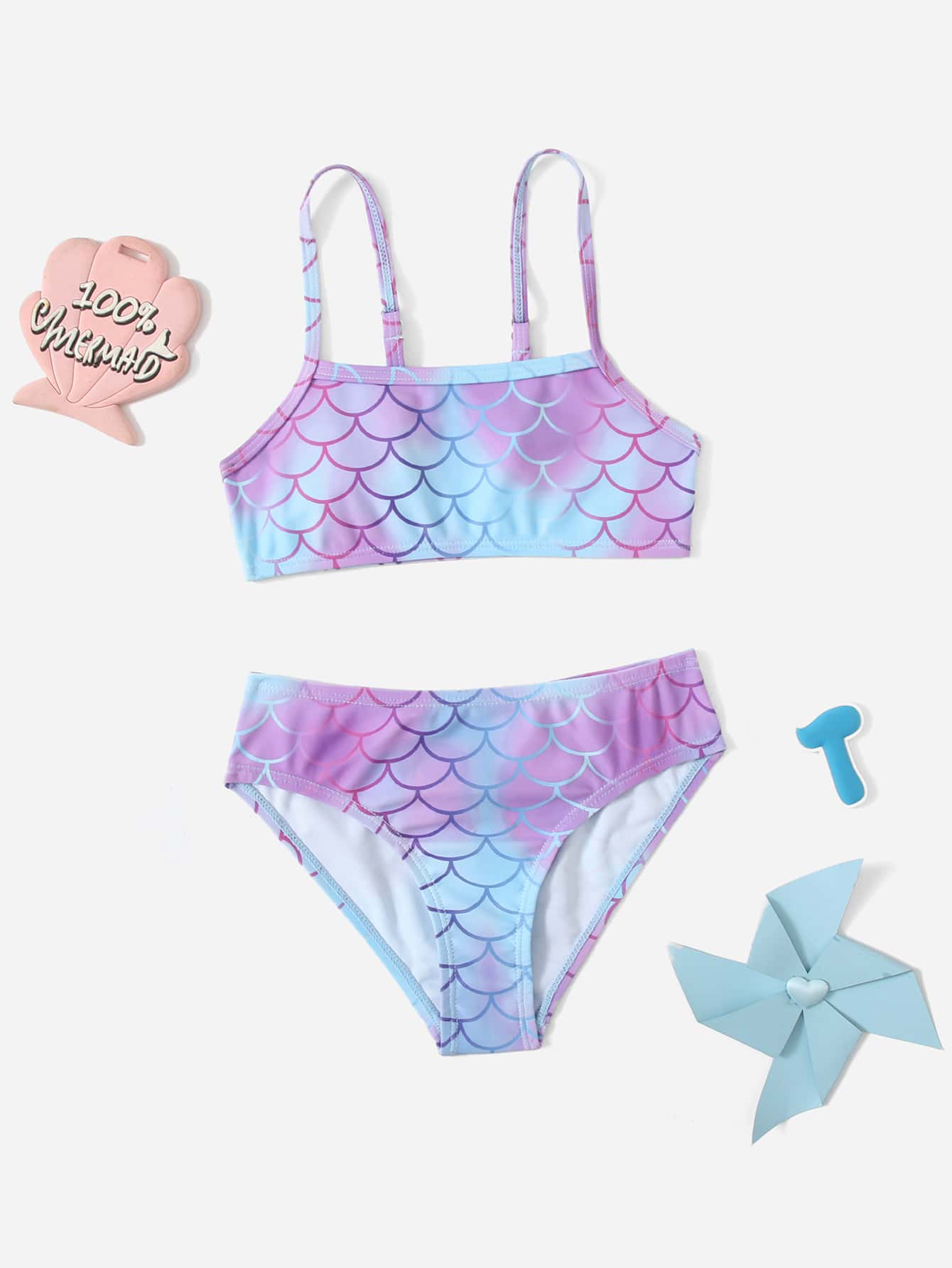 Young Girl Fish Scale Print Bikini Set Summer Beach - Purple - View 1